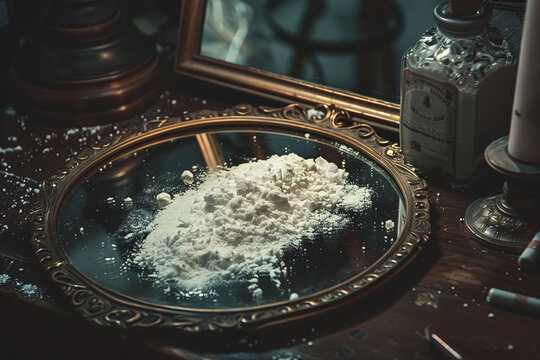 A big pile of white cocaine on a mirror, drug addiction concept