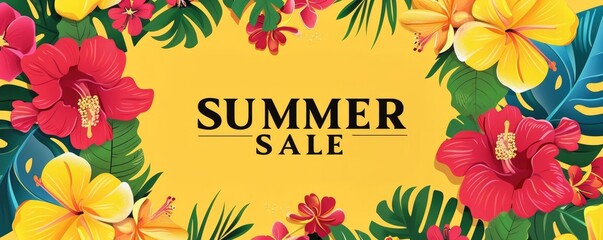 summer banner with beautiful flowers on a yellow background with the inscription (SUMMER SALE) in huge letters in the center with copy space.
