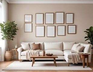 Mockup poster frame on the wall of the living room. Luxurious apartment background with contemporary design. Modern interior design.3D illustration, 3D render 