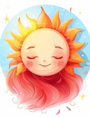A cheerful sun illustration with a cute face and radiant light surrounded by colorful hair in a whimsical art style.