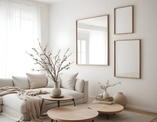 Mockup poster frame on the wall of the living room. Luxurious apartment background with contemporary design. Modern interior design.3D illustration, 3D render 