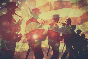 Silhouetted jazz musicians playing instruments with an American flag background, creating a patriotic and musical vibe.