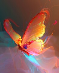 Obraz premium A vibrant, neon-colored butterfly gracefully flying against a surreal, abstract background, creating an ethereal and dreamy atmosphere.