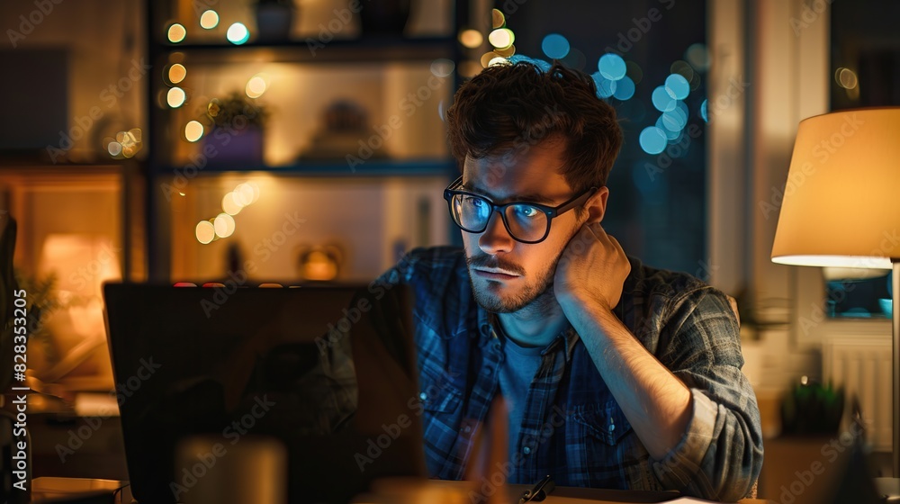Aufkleber man in glasses is focused on working with his computer in the office
