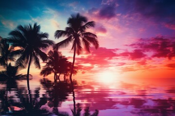 Fototapeta premium Tropical beach background, close up, focus on, copy space, vibrant colors, Double exposure silhouette with palm trees