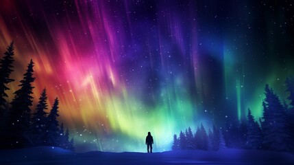 Fototapeta premium Aurora borealis sky, close up, focus on, copy space, vibrant colors, Double exposure silhouette with northern lights