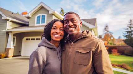 Fototapeta premium Happy young African American couple against the backdrop of their new home in the yard.