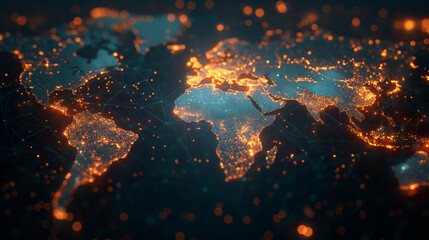 Glowing world map visualization with network connections and illuminated points representing data connections and global communication.