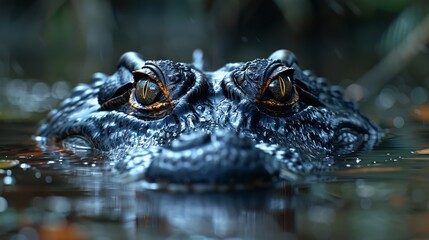 Obraz premium Close-up of a crocodile submerged in water, showcasing its eyes and rough skin texture. Natural wildlife photography in a swampy habitat.