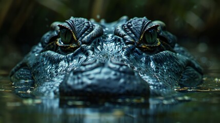 Fototapeta premium Close-up view of an alligator's eyes peering from the water, showcasing the intense gaze and texture of its skin in a natural habitat.