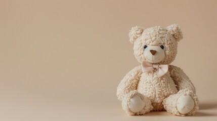 A classic teddy bear doll with a bow tie, posed on a plain, solid background in a soft pastel shade