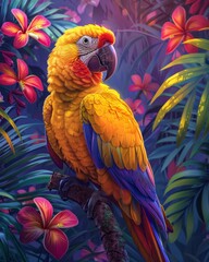 Fototapeta premium Vibrant parrot perched in tropical jungle with colorful flowers and lush foliage, showcasing natural beauty and exotic wildlife.