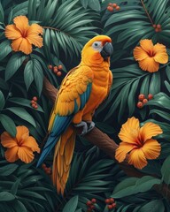 Obraz premium Vibrant yellow and blue parrot perched among lush green leaves and bright orange flowers in a tropical setting.