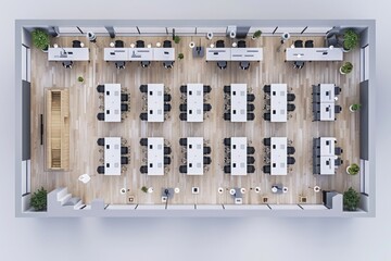 A top-down layout of a minimalist corporate office floor plan emphasizing soundproof meeting rooms and strategically placed acoustic panels for optimal sound management, rendered in high-definition.