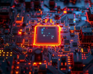A close-up of a computer circuit board with a glowing red CPU. AI.