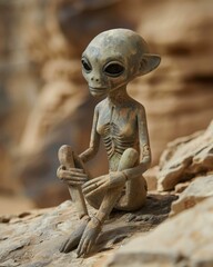 A clay figurine of an alien sits on a rock. AI.