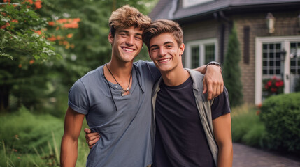 Two happy gay men have a new house against the backdrop of their new house in the yard.