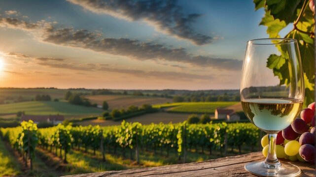 A glass of white wine in a vineyard at sunset. AI.