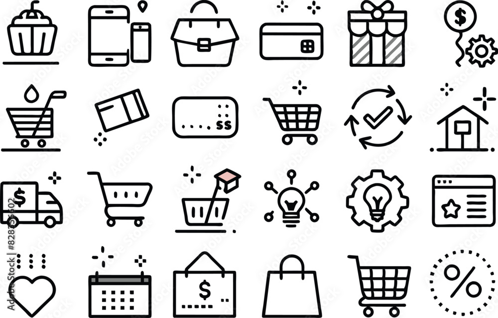 Sticker shopping and business icon set. vector illustration outline style icons.