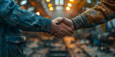 Two workers in a factory shaking hands over a deal. AI.