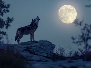 A wolf howls at the moon. AI.