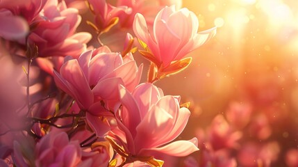 Blossoming Bouquet of Peach Blossoms with Sunlight Rays in the Background