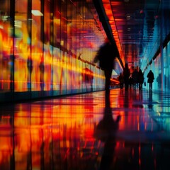 People walking through a brightly lit colorful glass tunnel. AI.
