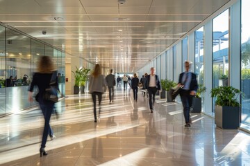 People walking in a modern office building. AI.