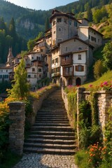 Stone steps lead up to a charming village nestled in the mountains. AI.