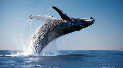 A blue whale is jumping out of the ocean. The whale is blue and white and is surrounded by water.

