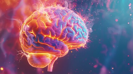 Illustration, a close-up of the human brain showing the excitation and expansion of neurons