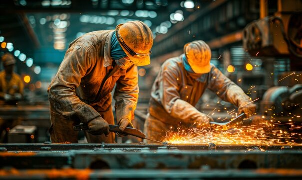 Industrial workers in protective gear welding metal in a factory. AI.