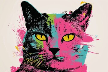 Colorful pop art-style cat illustration with vibrant splashes of pink, green, and blue, creating a dynamic, eye-catching visual effect.