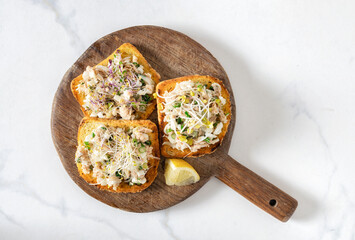 Sandwich set with avocado, tuna, eggs and fresh microgreens on a white marble background top view
