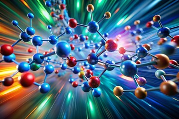 molecules in dynamic motion, with motion blur effects to convey movement and interaction, capturing the kinetic energy of molecular behavior