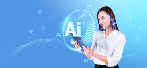 Businesswoman with tablet and AI technology hologram, virtual assistant icons