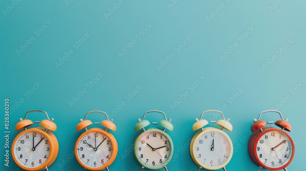 Aufkleber a creative composition of multiple alarm clocks set to different times, symbolizing time management 