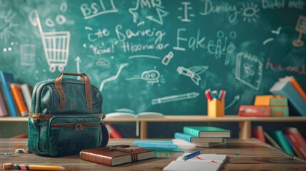Back to school concept with school books, textbooks, backpack and stationery supplies on classroom...