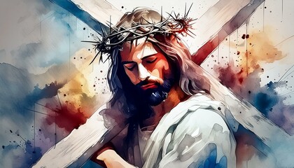 Jesus Christ Carrying the Cross - Christ on the way of his Crucifixion - Jesus on the way to Calvary - Passion of Christ - Carrying the cross on Via Dolorosa to Golgotha - Good Friday
