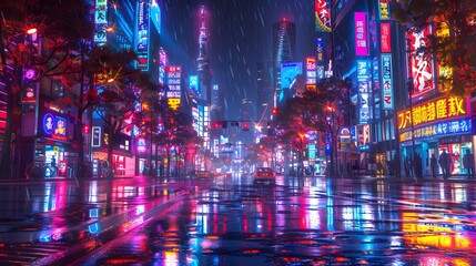 Obraz premium bustling cityscape at night, where neon signs and fluorescent lights bathe the streets vibrant hues