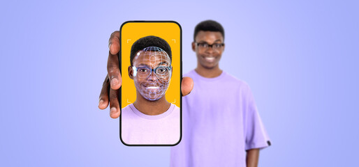 African man showing phone and biometric scanning hologram, verification
