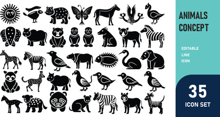 Fototapeta premium Animals related concept such as Dog, cat, horse, pig, sheep, goat, chicken, bird, fish & many more editable stroke outline icons isolated on white background flat vector illustration