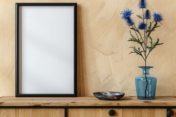 Modern interior design, mockup black frame with blank white poster on the cabinet against beige wall and blue thistle flower in vase. Home decor, template for artwork or picture display.