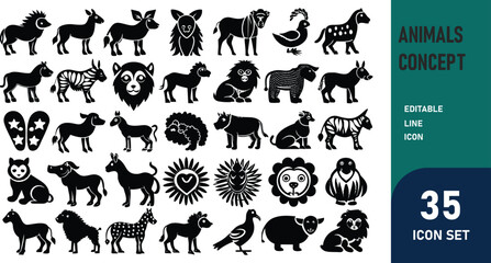 Animals related concept such as Dog, cat, horse,  pig, sheep, goat, chicken, bird, fish & many more editable stroke outline icons isolated on white background flat vector illustration