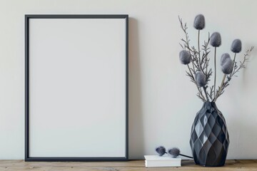Modern interior design, mockup black frame with blank white poster on the cabinet against beige wall and blue thistle flower in vase. Home decor, template for artwork or picture display.