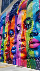 An LGBTQ pride-themed street mural featuring diverse faces and rainbow patterns, vibrant and full of life