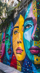 Full of energy and vibrancy, an LGBTQ pride-themed street mural celebrates diversity with diverse faces and colorful rainbow patterns, capturing the essence of community and acceptance