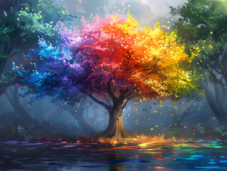 Artistic depiction of a tree with leaves in the colors of the LGBTQ pride flag, set in a lush, vibrant forest