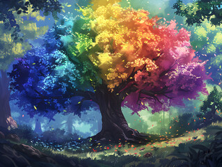 A vibrant forest serves as the backdrop for an artistic depiction of a tree donning leaves in the hues of the LGBTQ pride flag, embodying inclusivity and natural beauty