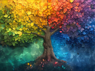 Set amidst a lush, vibrant forest, an artistic depiction features a tree adorned with leaves in the colors of the LGBTQ pride flag, symbolizing unity and diversity